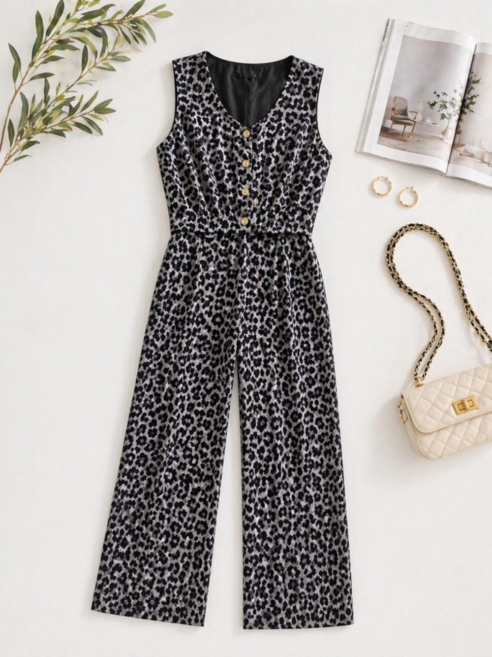 Sleeveless Leopard Print pant set in Black and Cream